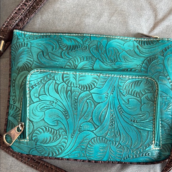 Brown and Teal Embroidered foe tooled leather Women's Bag - Picture 2 of 8